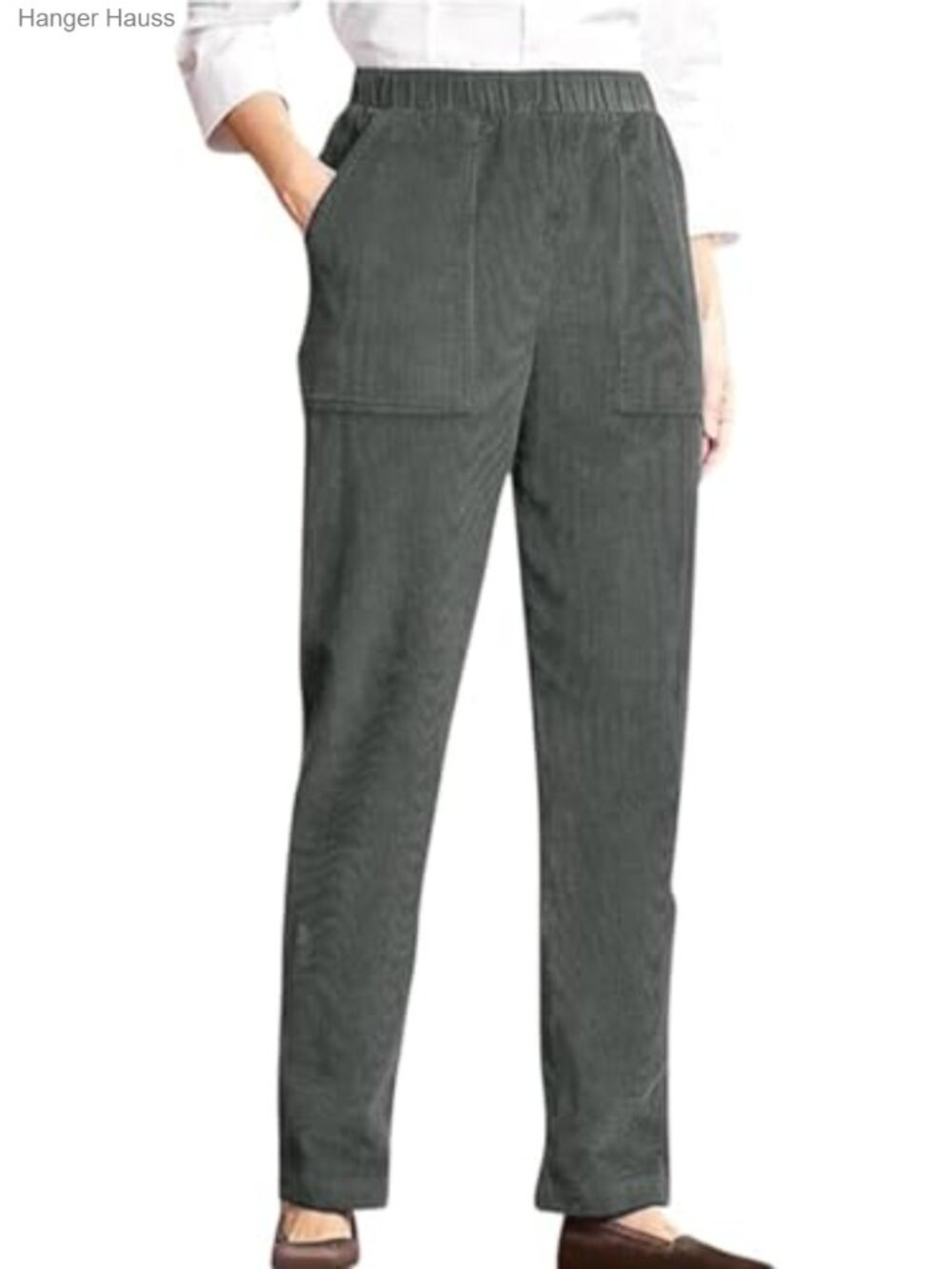 Corduroy Pants for Women Elastic High Waist Pull On Straight Leg with Pockets